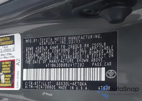 2011 Toyota Avalon z USA, uszkodzony, nr VIN 4T1BK3DB8BU417292